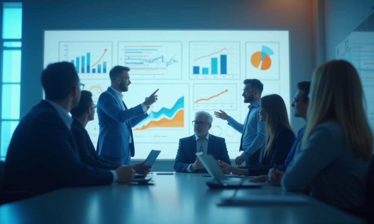 Equipe de consultores em reunião estratégica com gráficos de sucesso.