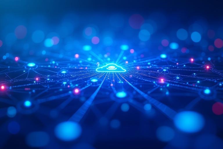 Uma rede de conexões digitais e símbolos tecnológicos, representando transformação digital.