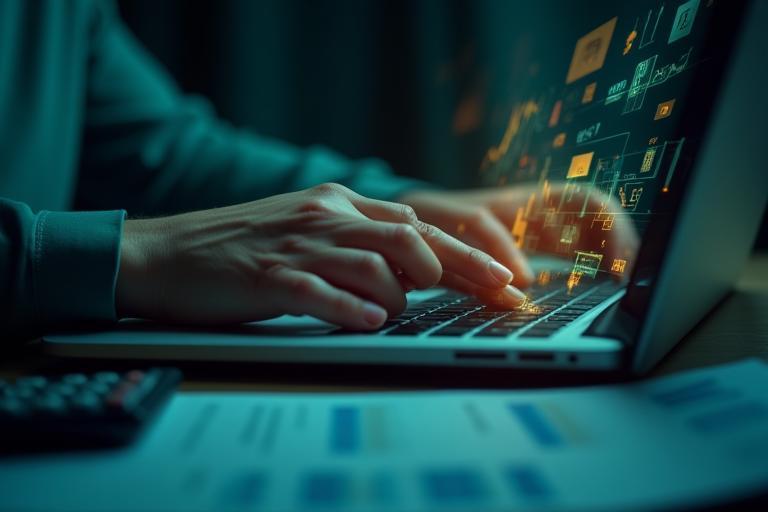 Mãos em um teclado com gráficos financeiros projetados, simbolizando análise e gestão financeira.