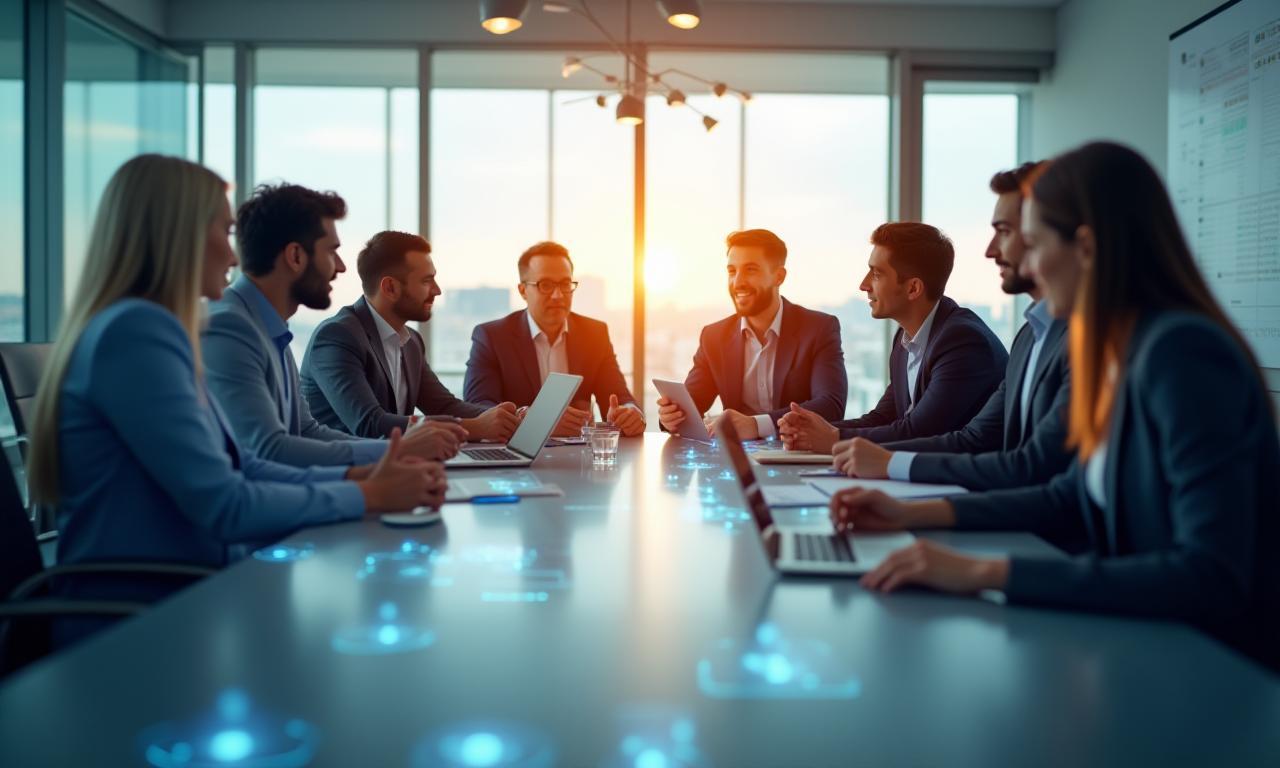 Equipe de consultores colaborando em um escritório moderno, simbolizando crescimento e estratégia.