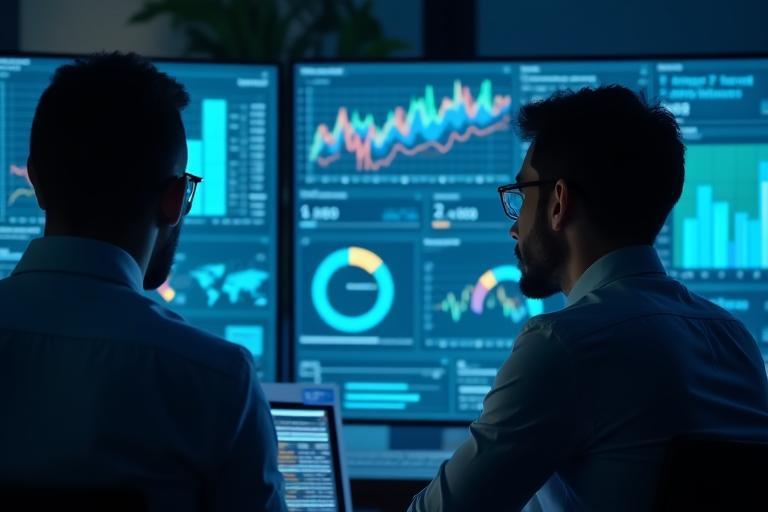 Gráficos de análise de dados com pessoas analisando informações, representando pesquisa de mercado.