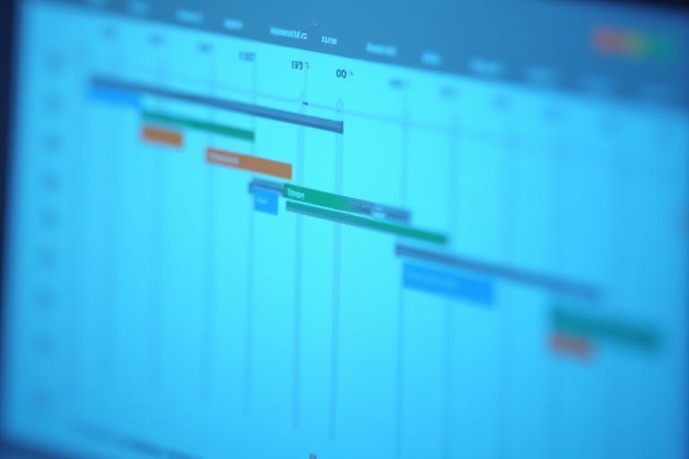 Diagrama de Gantt com ícones de progresso e marcos, representando gestão de projetos eficiente.