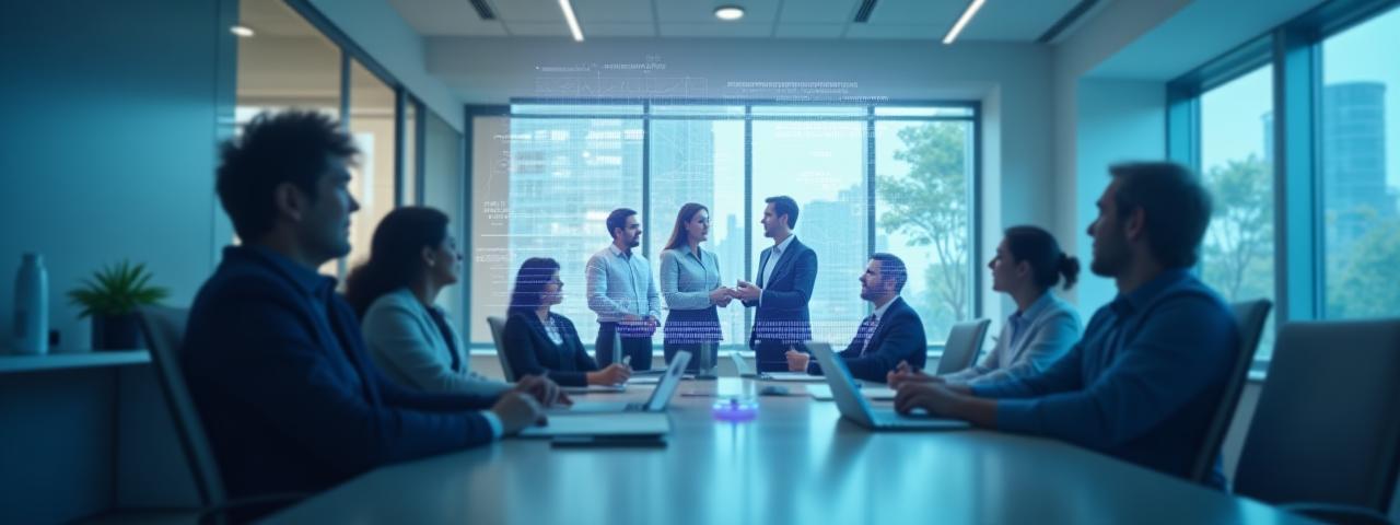 Visão estratégica: consultores colaborando em um escritório moderno, com gráficos digitais flutuando ao redor, representando análise de dados e inovação